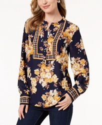Charter Club Petite Floral-Print Button-Neck Top, Created for Macy's