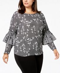 Ny Collection Plus Size Printed Ruffle-Sleeve Top
