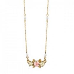 Gold-Tone Simulated Pearl Pink Porcelain Rose Necklace 16" Adj.