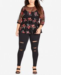 City Chic Trendy Plus Size Embroidered Peplum Top