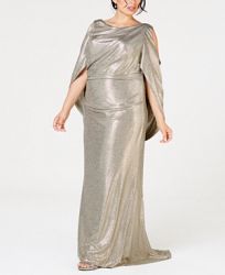 Betsy & Adam Plus Size Metallic Cold-Shoulder Cape Gown
