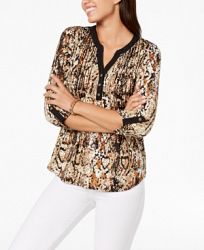 Ny Collection Petite Printed Pleated Henley Top