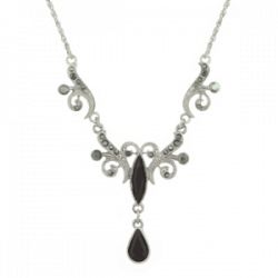2028 Silver-Tone Black and Hematite Color Crystal Teardrop Collar Necklace 16" Adjustable