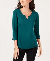 Jm Collection Petite Buttoned-Cuff Keyhole Top, Created for Macy's