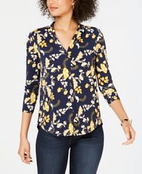 Charter Club Petite Printed Pleated-Neck Top, Created for Macy's