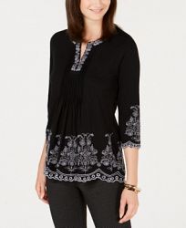 Charter Club Petite Embroidered Split-Neck Cotton Peasant Top, Created for Macy's