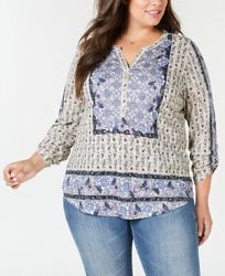 Style & Co Plus Size Cotton Mixed-Print Peasant Top, Created for Macy's