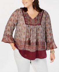 Style & Co Plus Size Mixed-Print Bell-Sleeve Peasant Blouse, Created for Macy's