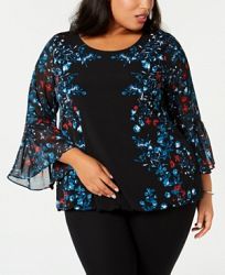 Alfani Plus Size Printed Bell-Sleeve Bubble-Hem Top, Created for Macy's