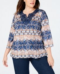 Alfred Dunner Plus Size News Flash Lace-Embellished Abstract-Print Top
