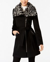 Via Spiga Faux-Fur-Collar Asymmetrical Belted Coat
