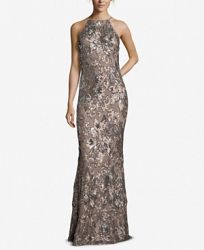 Betsy & Adam Multi-Tone Sequined-Flower Halter Gown