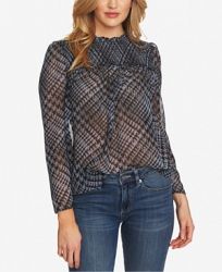 CeCe Long-Sleeve Smocked Houndstooth Top