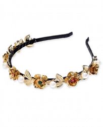 I. n. c. Gold-Tone Multi-Stone & Imitation Pearl Flower Satin-Wrapped Headband, Created for Macy's