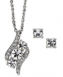 Charter Club Silver-Tone Crystal Pendant Necklace & Stud Earrings Set, 17" + 2" extender, Created for Macy's