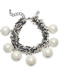 I. n. c. Silver-Tone Imitation Pearl Fabric-Weaved Flex Bracelet, Created for Macy's