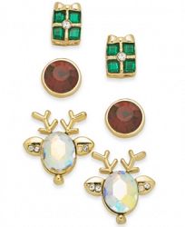 Holiday Lane Gold-Tone 3-Pc. Set Holiday Reindeer & Present Stud Earrings, Created for Macy's