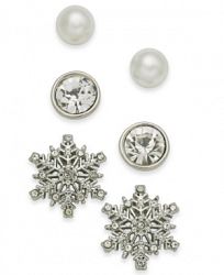 Holiday Lane Silver-Tone 3-Pc. Set Snowflake Crystal & Imitation Pearl Stud Earrings, Created for Macy's