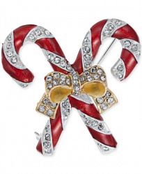 Holiday Lane Gold-Tone Crystal & Epoxy Candy Cane Ribbon Pin, Created for Macy's