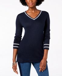 Charter Club Petite Striped-Trim Sweater, Created for Macy's