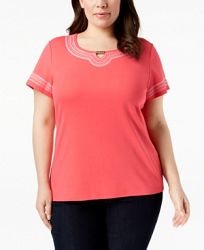Karen Scott Plus Size Embroidered-Trim Top, Created for Macy's