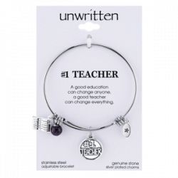 Unwritten No. 1 Teacher Charm and Cherry Quartz (8mm) Bangle Bracelet in Stainless Steel
