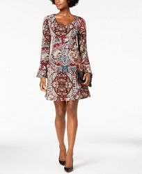 Connected Petite Printed Bell-Sleeve A-Line Dress