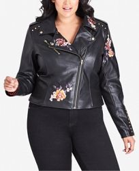 City Chic Trendy Plus Size Embroidered Faux-Leather Moto Jacket
