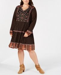 Style & Co Plus Size Mixed-Print Beaded Embroidered Peasant Dress, Created for Macy's
