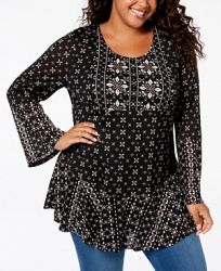 Style & Co Plus Size Mixed-Print Flounce-Hem Top, Created for Macy's