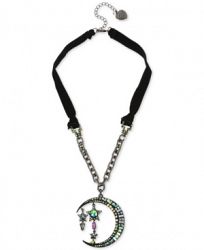 Betsey Johnson Hematite-Tone Crystal Moon & Stars Velvet Ribbon Pendant Necklace, 20" + 3" extender