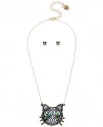 Betsey Johnson Two-Tone Crystal Cat Pendant Necklace & Stud Earrings Set, 16" + 3" extender