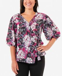 Ny Collection Petite Printed Blouson-Sleeve Wrap Top