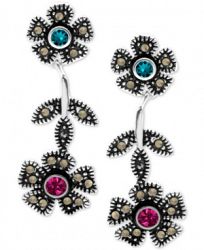 Crystal & Marcasite Flower Drop Earrings in Silver-Plate