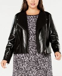 Michael Michael Kors Plus Size Leather Jacket with Faux-Shearling Trim