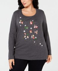Karen Scott Plus Size Cotton Holiday Glitter T-Shirt, Created for Macy's