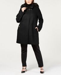 Cole Haan Plus Size Faux Fur Hooded Wool Toggle Coat
