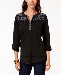 Style & Co Embroidered Cotton Roll-Tab-Sleeve Top, Created for Macy's