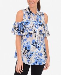 Ny Collection Printed Cold-Shoulder Button-Front Blouse
