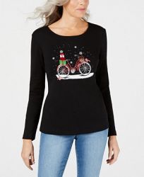 Karen Scott Cotton Embellished Holiday Bicycle Top, Created for Macy's