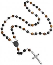 Men's Tiger' Eye (5mm) and Black Agate Stone Cross 28" Lariat Necklace in Stainless Steel