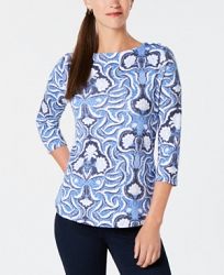 Charter Club Petite Cotton Printed Button-Shoulder Top, Created for Macy's