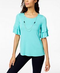 Ny Collection Petite Ruffle-Sleeve Attached-Necklace Top