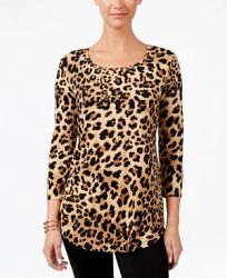 Jm Collection Petite Leopard-Print 3/4-Sleeve Top, Created for Macy's