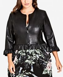 City Chic Trendy Plus Size Ruffled Cropped Faux-Leather Jacket