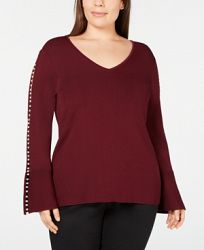 I. n. c. Plus Size Pearl-Trimmed V-Neck Sweater, Created for Macy's