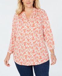 Charter Club Plus Size Floral-Print Pleated V-Neck Top, Created for Macy's