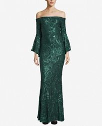 Betsy & Adam Sequined Off-The-Shoulder Gown