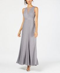 Nightway Ribbed Metallic-Knit Illusion Gown