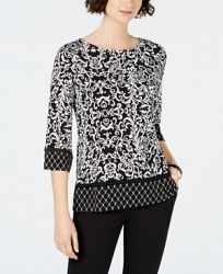 Charter Club 3/4-Sleeve Mixed-Print Border Top, Created for Macy's